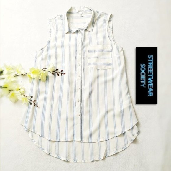 STREETWEAR SOCIETY Rayon Blouse Top White Blue Striped Sleeveless Button Front - Picture 4 of 11